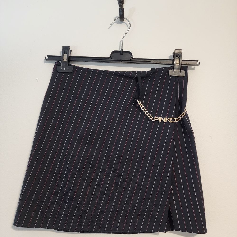 Pinko Black Pinstripe Skirt with Gold Chain